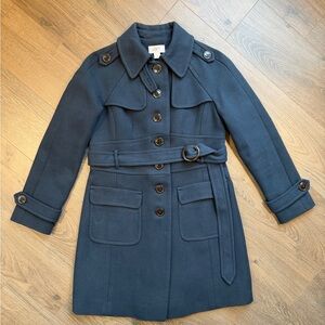 Ann Taylor LOFT Women’s Trench Coat Size 2P Belted Navy Blue Button Front Jacket